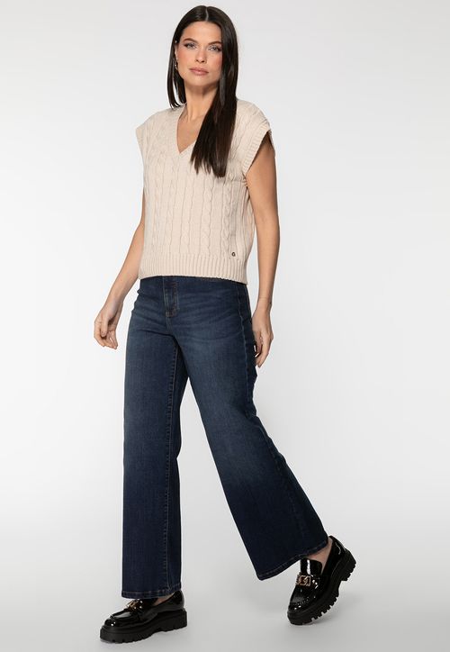 Colete Tricot Tranças Decote V Creme