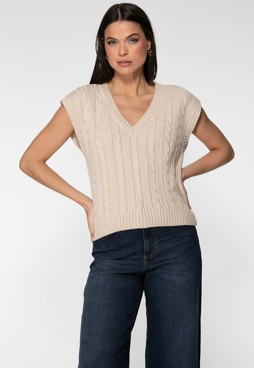 Colete Tricot Tranças Decote V Creme
