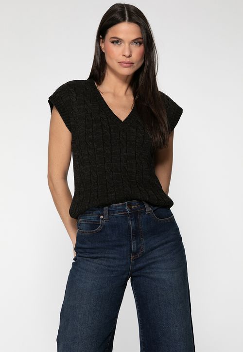 Colete Tricot Tranças Decote V Preto