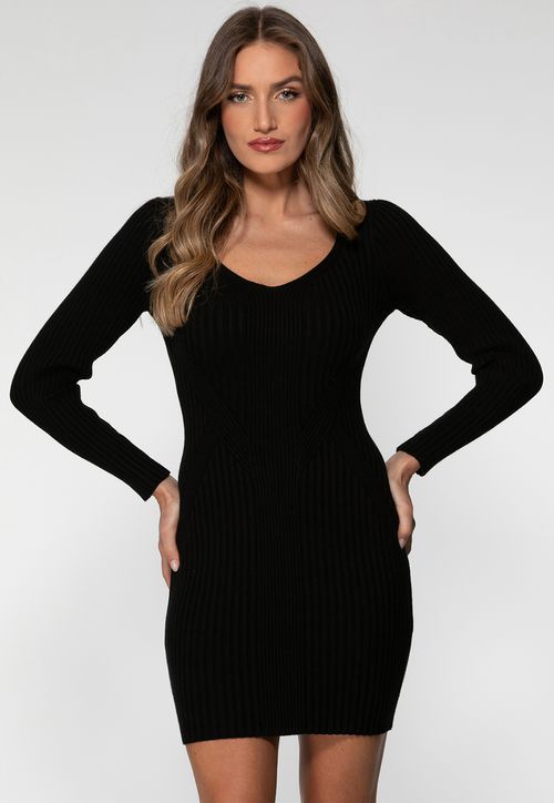 Vestido Tricot Canelado Preto