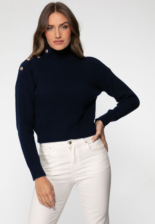 Blusa de Tricot Gola Alta Botões Azul Marinho