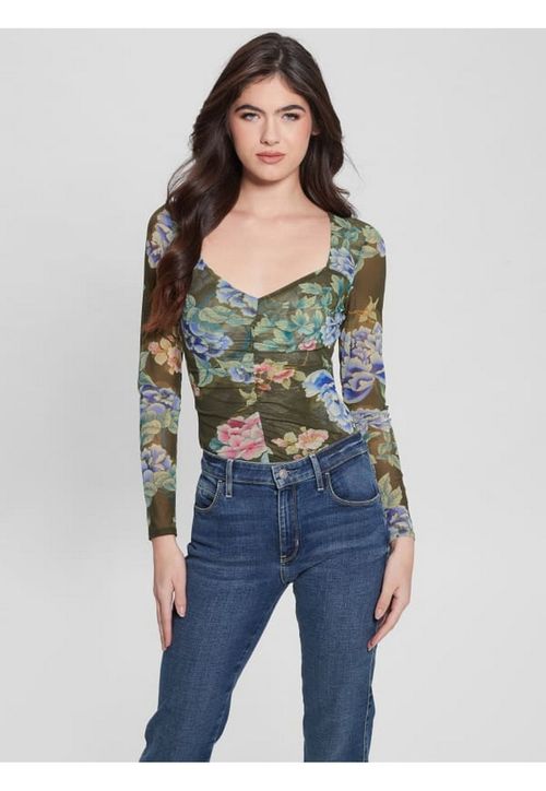 Blusa Eco Manga Longa Tule Estampada Verde Musgo