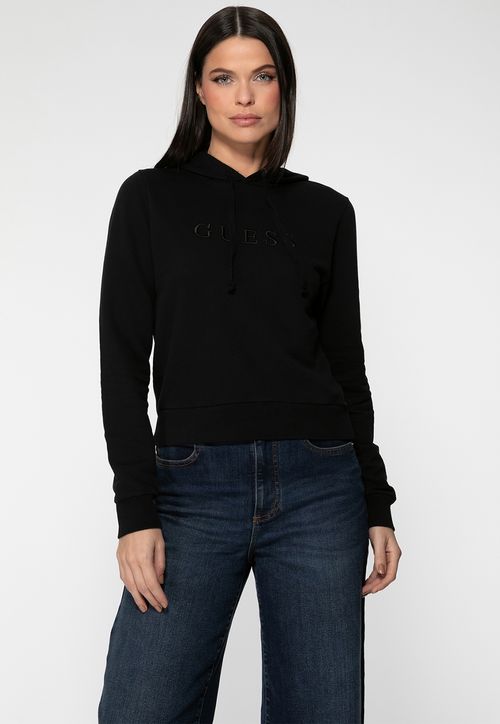 Blusa de Moletom Bordado Capuz Preto