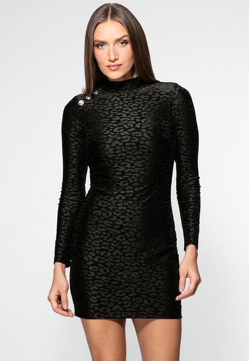 Vestido Mini Veludo Animal Print Preto