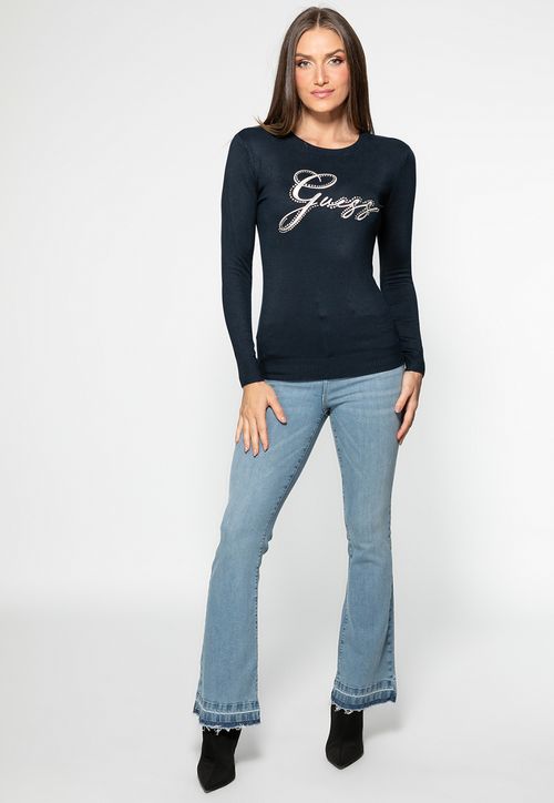 Blusa de Tricot Bordada Eco Azul Marinho