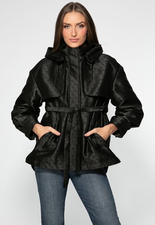 Jaqueta Parka Guess Acetinada 4g Pelo Capuz Preto