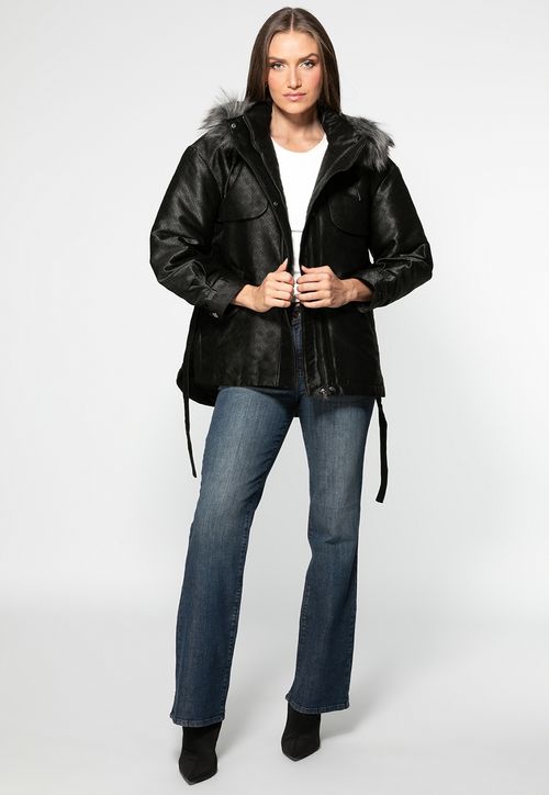 Jaqueta Parka Guess Acetinada 4g Pelo Capuz Preto