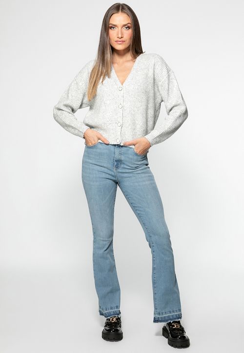 Cardigan Tricot Paetes Eco Cinza Claro