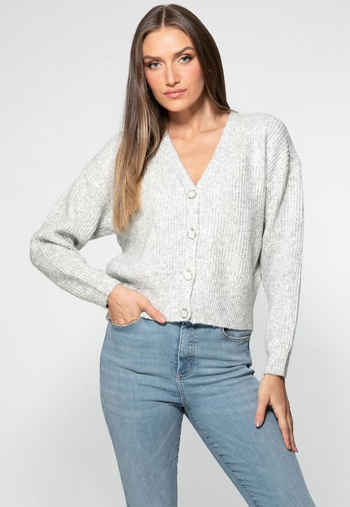 Cardigan Tricot Paetes Eco Cinza Claro