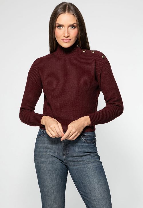 Blusa de Tricot Gola Alta Botões Vinho