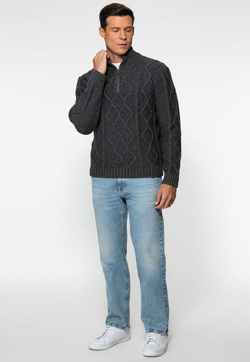 Suéter de Tricot Gola Zíper Cinza Escuro