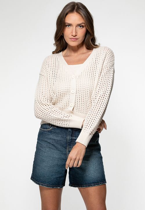 Cardigan Botoes Ponto Trabalhado Creme