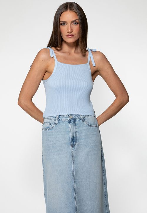 Top Tricot Canelado Alça Laço Azul
