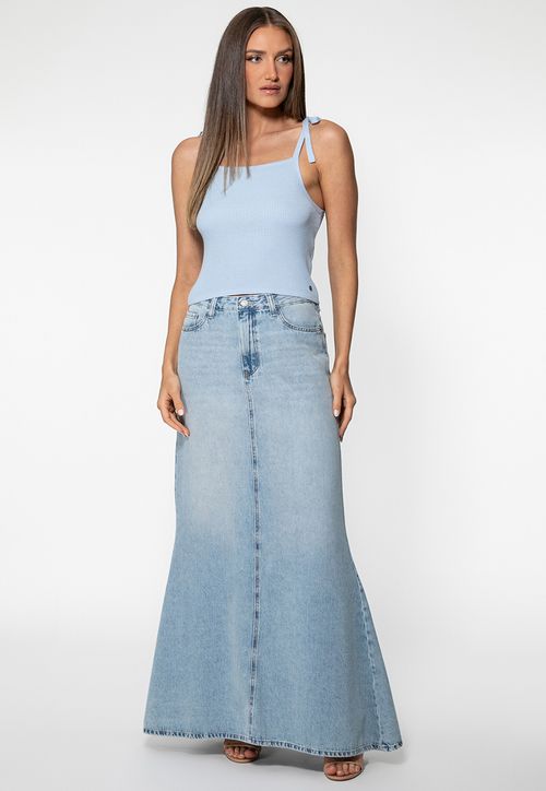 Top Tricot Canelado Alça Laço Azul