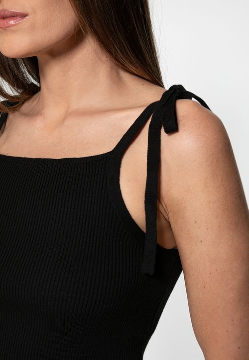 Top Tricot Canelado Alça Laço Preto