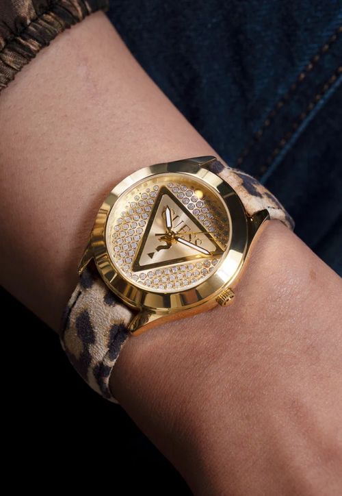 Relógio Redondo Logo Animal Print Dourado