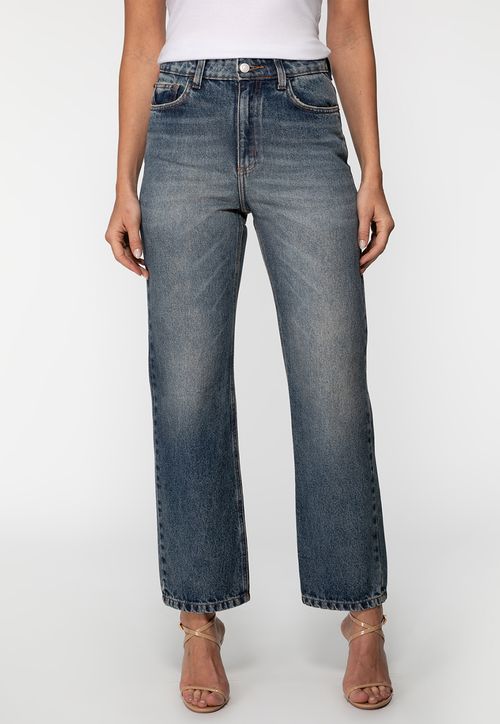 Calça Jeans Straight Leg Estonada Azul