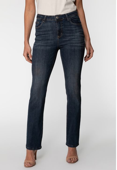 Calça Jeans Slim Straight Cintura Alta Azul Escuro