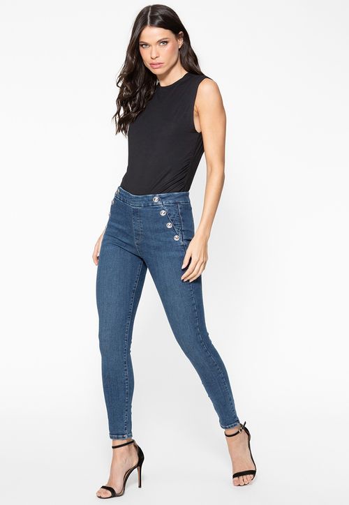 Calça Jeans Skinny Botões Laterais Azul Escuro