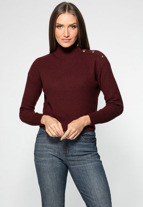 Blusa de Tricot Gola Alta Botões Vinho
