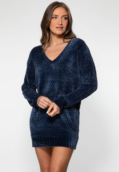 Vestido Tricot Decote Manga Longa Eco Azul Escuro