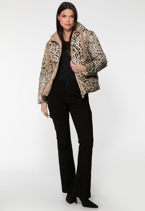 Jaqueta Puffer Eco Reversível Animal Print Marrom