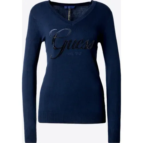 Suéter de Tricot Guess Dec V Bordado E Hot Fix Azul Marinho