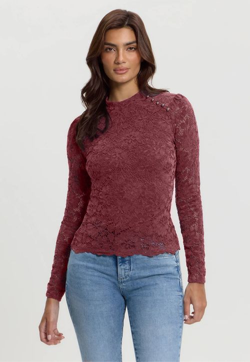 Blusa Guess Ml Renda Chenille Vinho