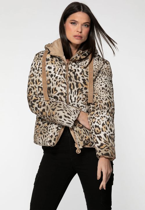 Jaqueta Puffer Eco Reversível Animal Print Marrom