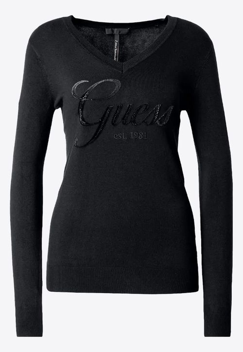Suéter de Tricot Guess Dec V Bordado E Hot Fix Preto