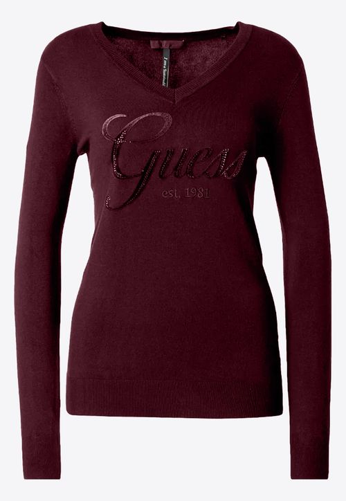 Suéter de Tricot Guess Dec V Bordado E Hot Fix Vinho