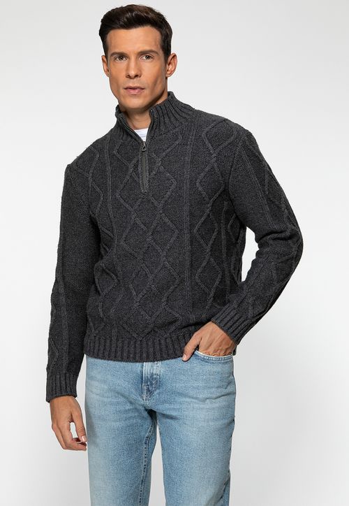 Suéter de Tricot Gola Zíper Cinza Escuro
