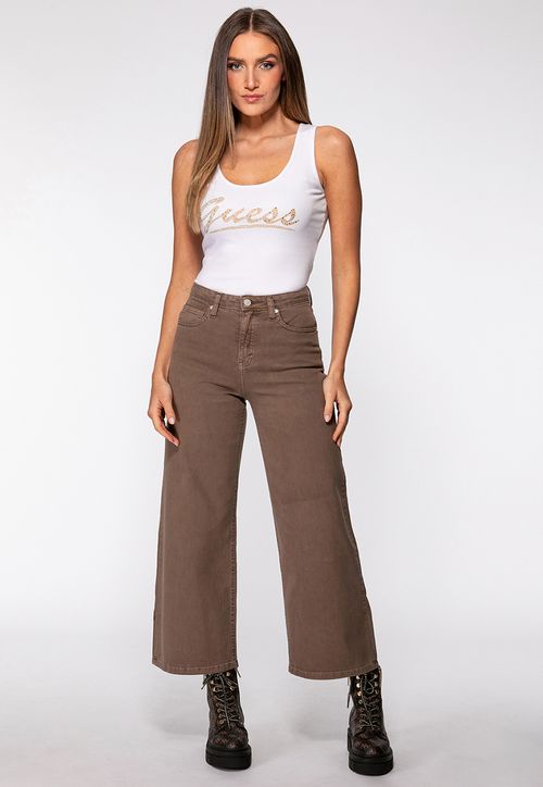 Calça de Sarja Wide Leg Marrom