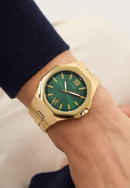 Relógio Analógico Verde Aço Dourado