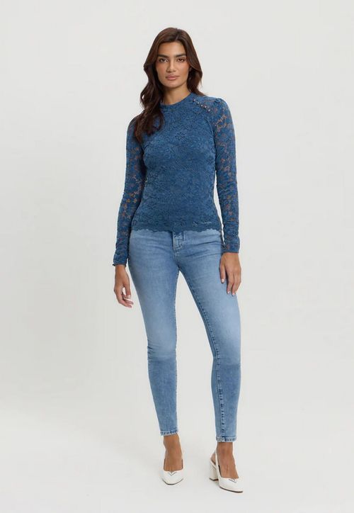 Blusa Guess Ml Renda Chenille Azul Escuro