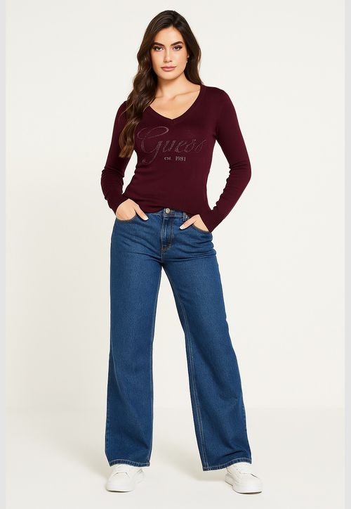 Suéter de Tricot Guess Dec V Bordado E Hot Fix Vinho