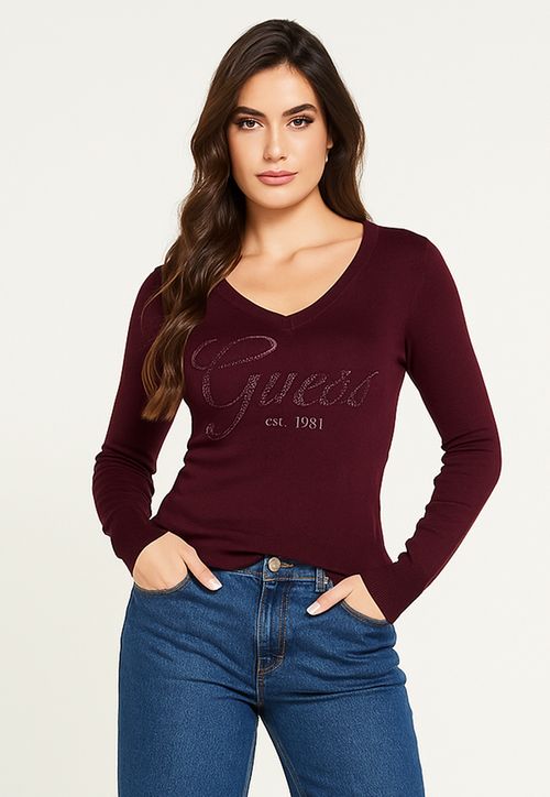 Suéter de Tricot Guess Dec V Bordado E Hot Fix Vinho