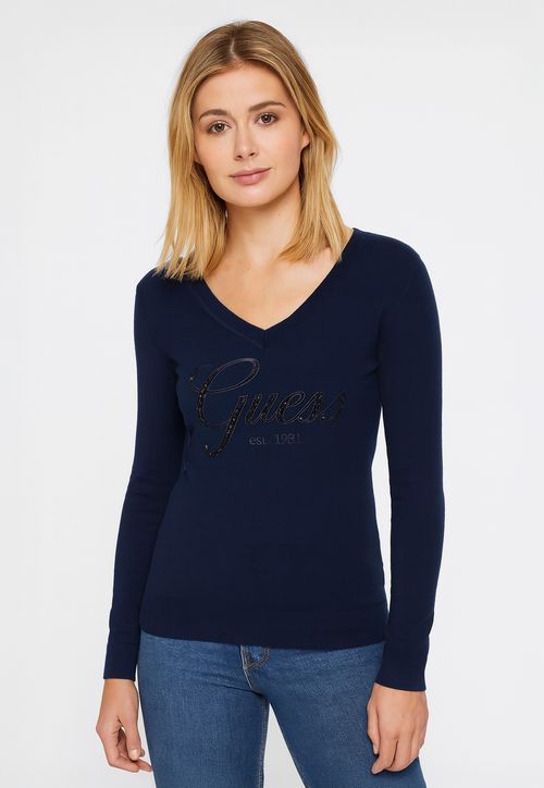 Suéter de Tricot Guess Dec V Bordado E Hot Fix Azul Marinho