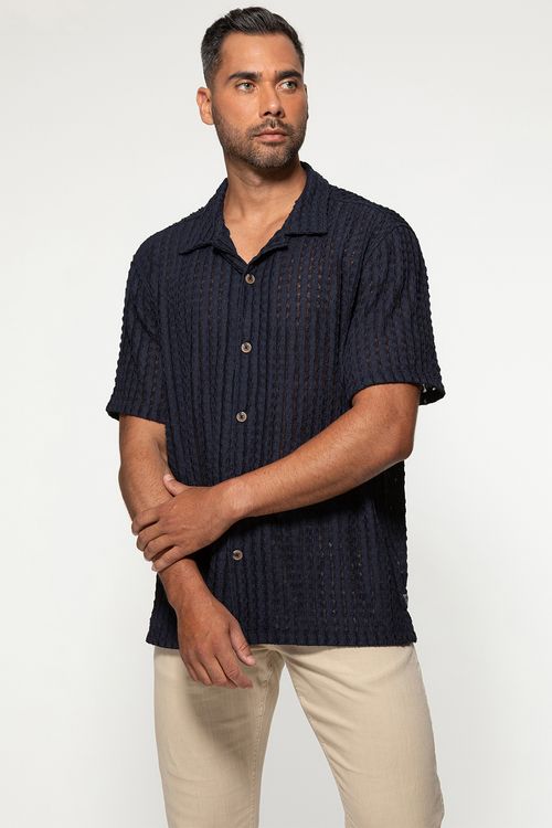 Camisa Manga Curta Malha Vazada Azul Escuro