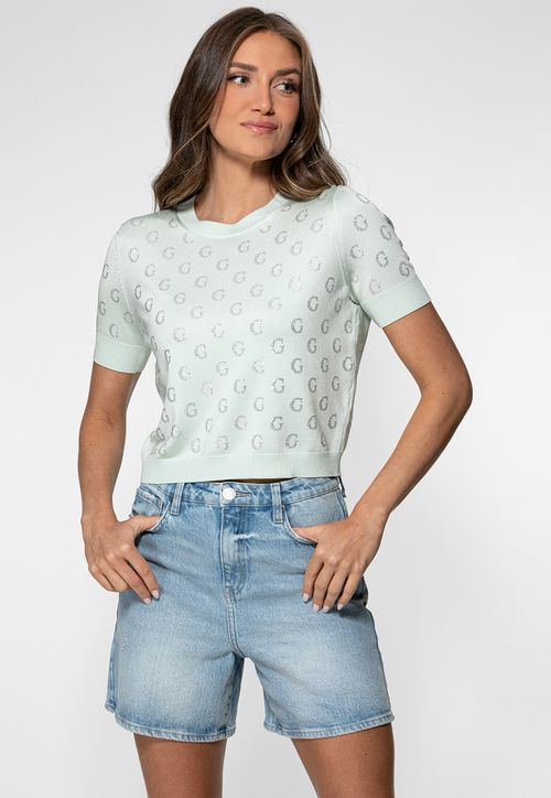 Blusa Manga Curta Tricot G Strass Verde Água
