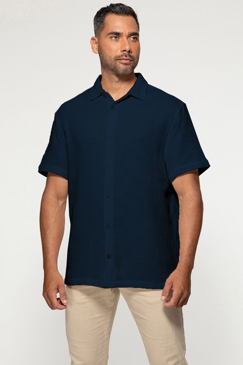 Camisa Manga Curta Maquinetada Azul Escuro