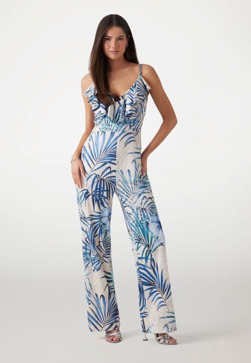 Macacão Decote Babados Eco Azul