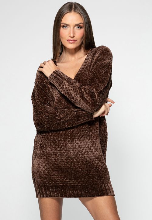 Vestido Tricot Decote Manga Longa Eco Marrom