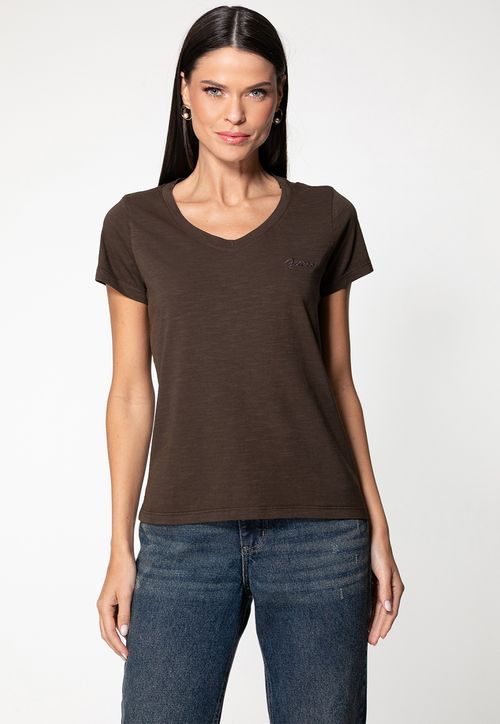 Camiseta Guess Dec V Bordado Cursivo Marrom