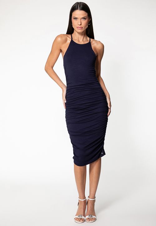 Vestido Viscose Alça Fina Franzido Azul Marinho