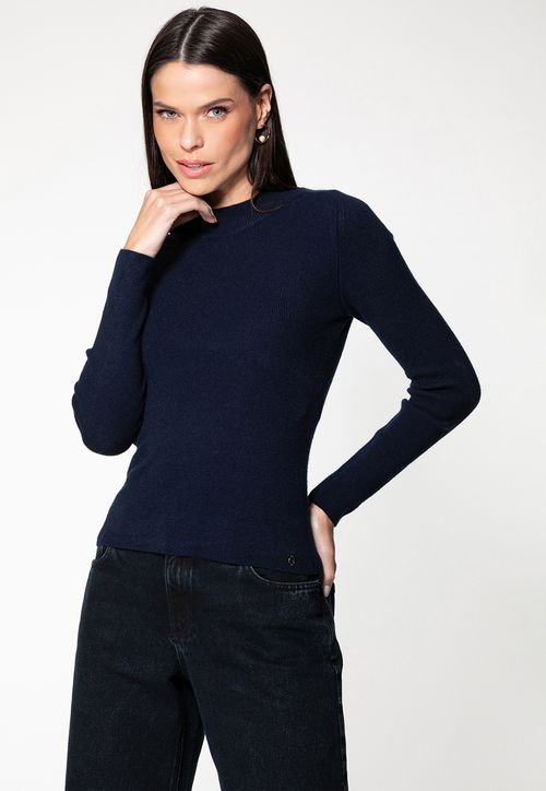 Blusa de Tricot Manga Longa Gola Alta Azul Marinho