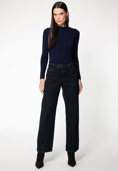 Blusa de Tricot Manga Longa Gola Alta Azul Marinho