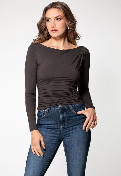 Blusa Manga Longa Franzido Decote Costas Marrom