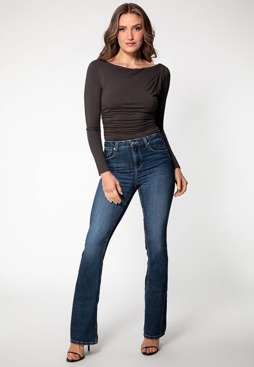 Blusa Manga Longa Franzido Decote Costas Marrom