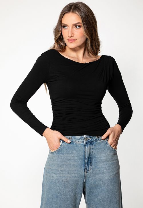 Blusa Manga Longa Franzido Decote Costas Preto